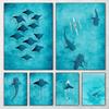 Blue Watercolor Ocean Marine Organism Whale Shark Manta Rays Poster Sea Beach Surf Canvas Painting Wall Art for Room Home Decor
