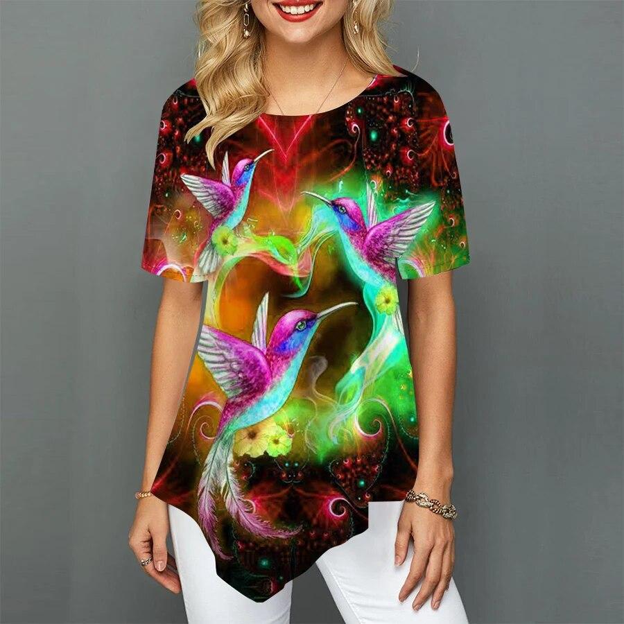 Casual Women Summer T-shirt Hummingbird Love Printed Stretch Loose Shirt Women Clothes Irregular Summer New Tops XS-8XL