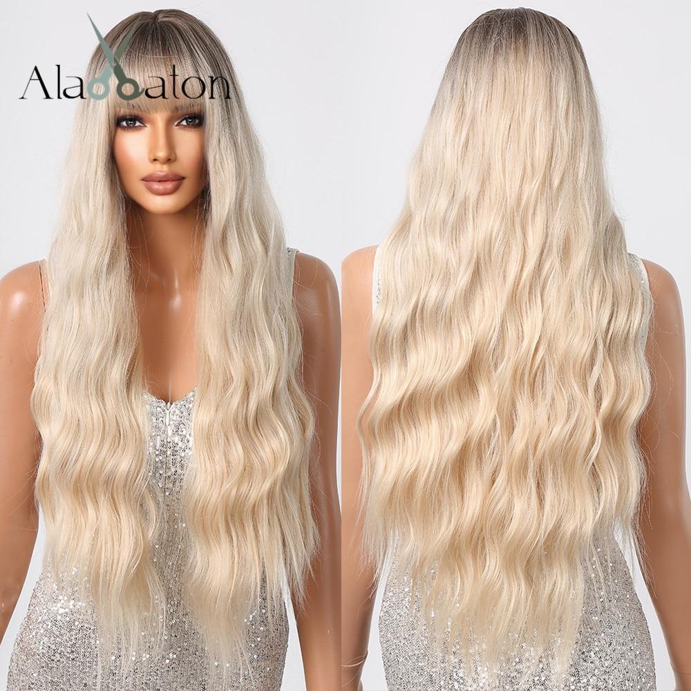 ALAN EATON Блондинка Длинные свободные волнистые синтетические парики с челкой для женщин Ombre Темные корни Натуральный парик Блондинка Повседневный парик из волос