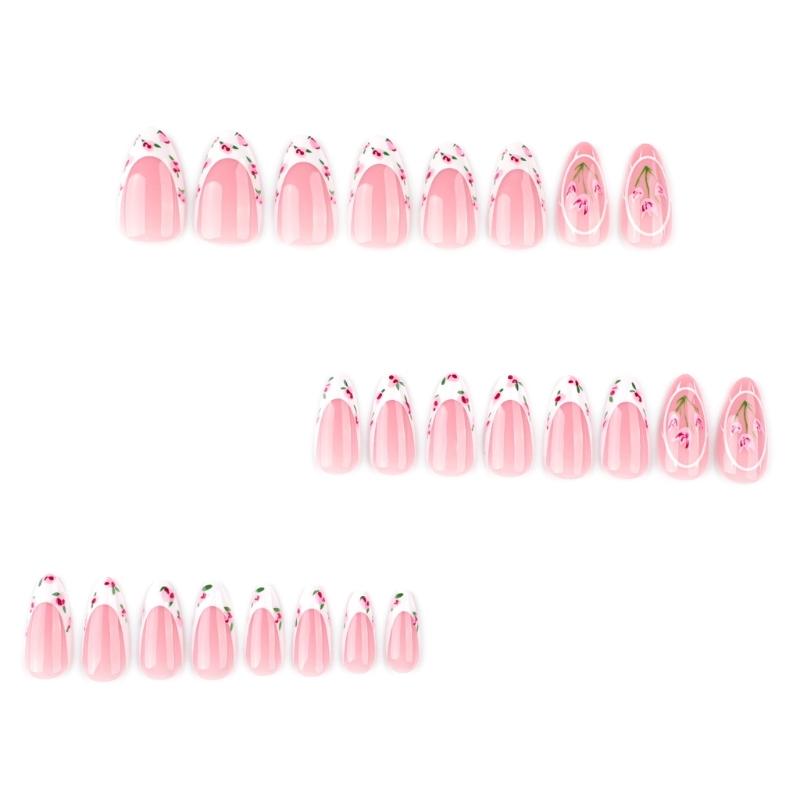 24 Pcs Almond Shape Press On Nail French Tip Acrylic False Nail Glossy Artificial Nail Flowers Stick On Nail for Party