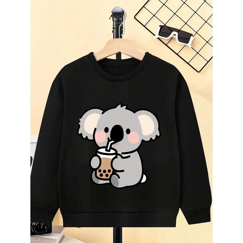European sizes Kids' Cute Koala Drinking Bubble Tea Hoodie - Soft Round-Neck Pullover Sweatshirt, Spring/Fall Casual Wear with Bubble Tea Print