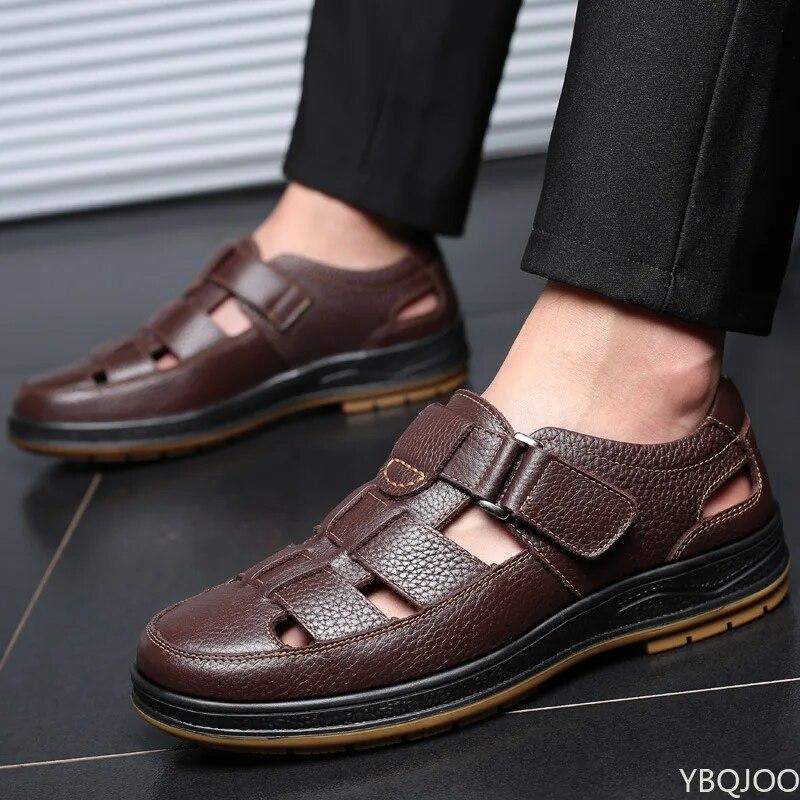Классические мужские сандалии из натуральной кожи Sandaliashollow Out повседневная обувь Удобная однотонная уличная мужская обувь