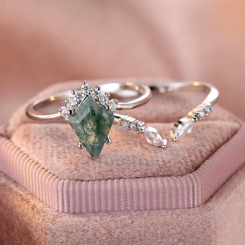 Кольцо из настоящего серебра 925 пробы с зеленым агатом и моховым камнем, геометрический комплект из 2 винтажных колец для женщин, свадебные украшения