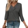 Womens 3/4 Sleeve Daily Weekend V Neck Casual Printed Tshirts Loose Fit Pleated Tees Button Down Shirts