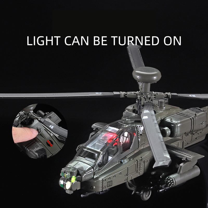 1:Масштаб 1:64 Американский истребитель вертолет AH-64D Летающий самолет Литая модель игрушка Симуляция Свет Статические украшения Игрушка для детей
