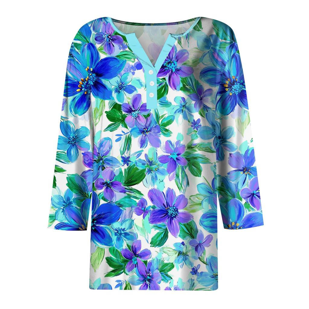 3/4 Length Sleeve Womens Tops Print Vintage Fashion Casual Loose With V Neck Plus Size Shirts Tops