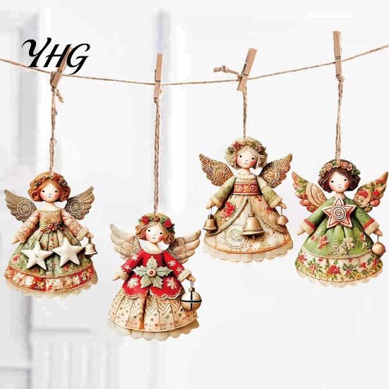 Indoor Party Ornament Set 6Pcs Vintage Angel Wooden Ornaments, Christmas Hanging Decor Interior Door Frame Decorations with Jute String, Rustic