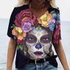 Summer V-neck 3D Skull Rose Print Top Fashionable Casual Short Sleeved Women's T-shirts