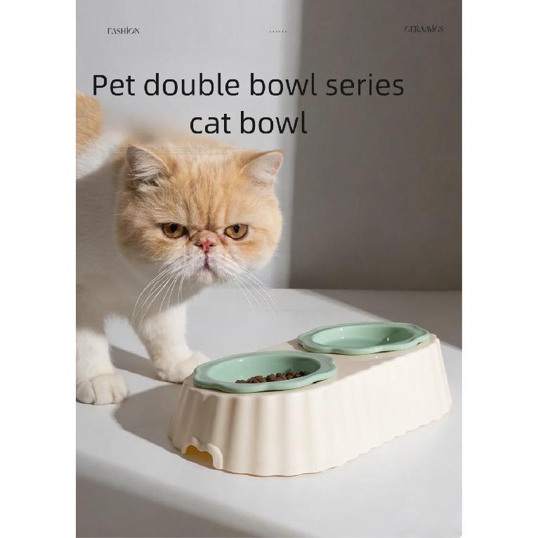 Ceramic Flower Pet Bowl Double Dish Raised Feeder Anti Spill Tilted Design Neck Protection Food Water Feeder for Cat Dog