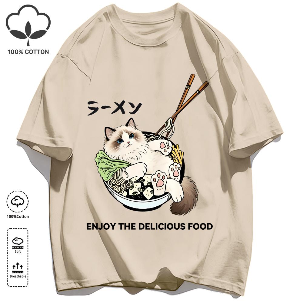Cat Lying Down After Eating Too Much Print T-Shirt Unisex Summer Soft Loose Tee Cotton Retro Short Sleeve Unisex Fashion Clothing