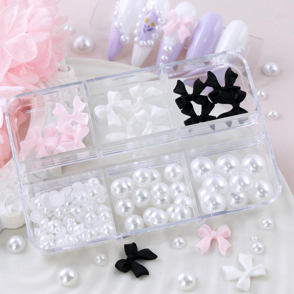 Ribbon Bow 3D Nail Art Charms Mixed Half Round Flat Beads Faux Pearl Nails Decoration Accessories Korean DIY Manicure Supplies