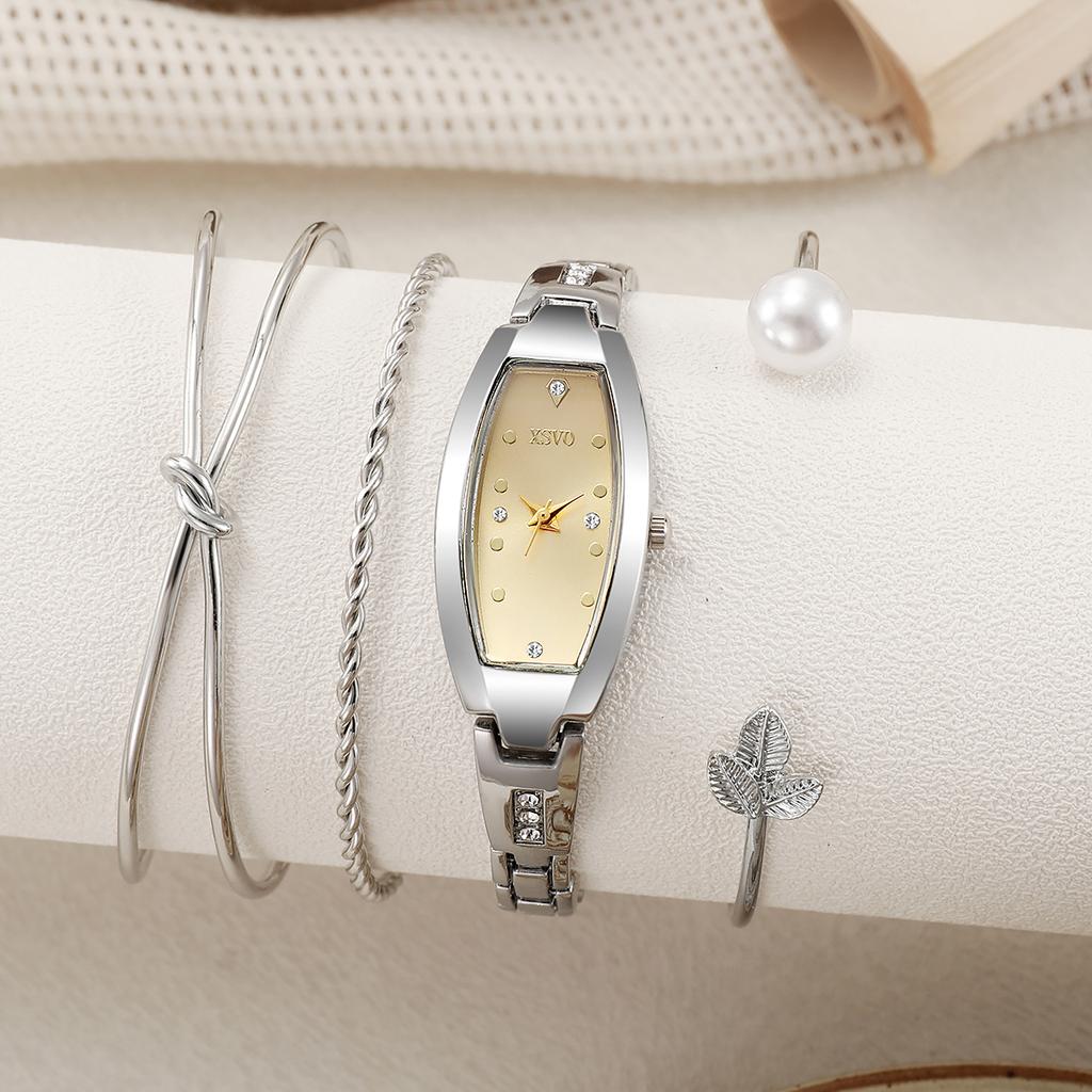 No gift box New small dial barrel-shaped delicate ladies quartz watch pearl bracelet 4-piece set