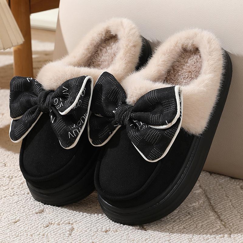 Lovely Bow Women Winter Toe Wrap Warm Solid Cotton Slippers Thick Soft Sole Slides Indoor Floor Flat Home Non-slip Shoes