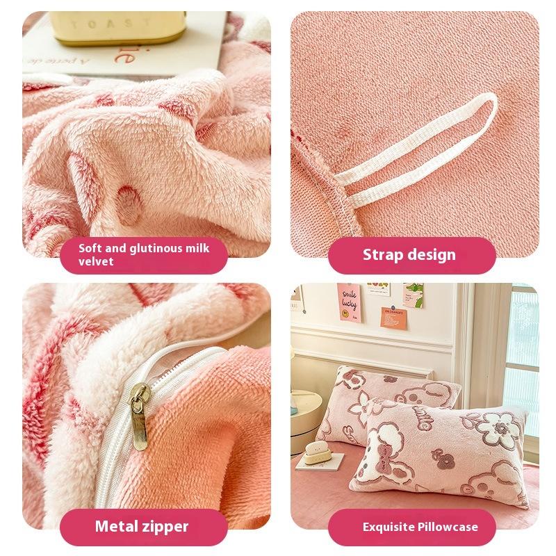 Зимний комплект постельного белья из молочного флиса, четырехпредметный, двусторонний флис, утолщенные простыни, пододеяльник, наволочка