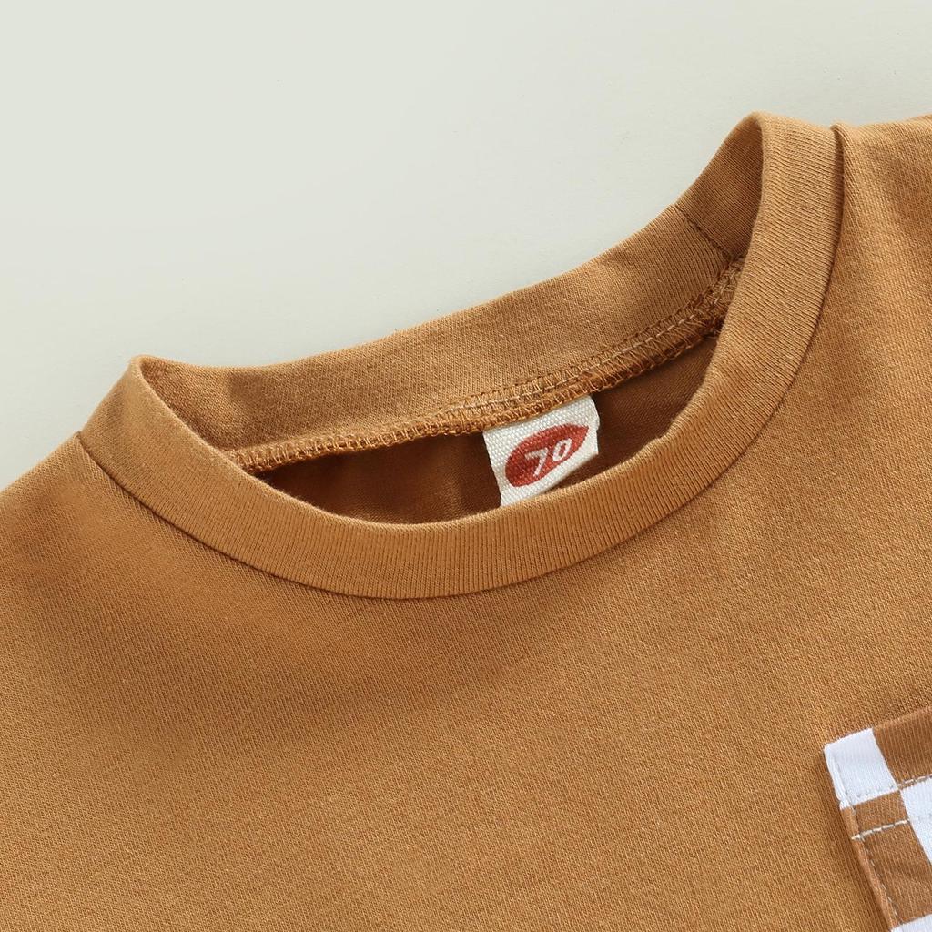 Летняя одежда для маленьких мальчиков, костюмы, клетчатые лоскутные футболки с короткими рукавами и круглым вырезом, топы, шорты с эластичной резинкой на талии, комплект из 2 предметов