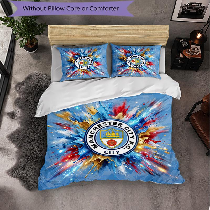 Manchester City Pattern 3 Pieces Bedding Set Soft Microfiber Duvet Cover with Pillow Cases for Bedroom