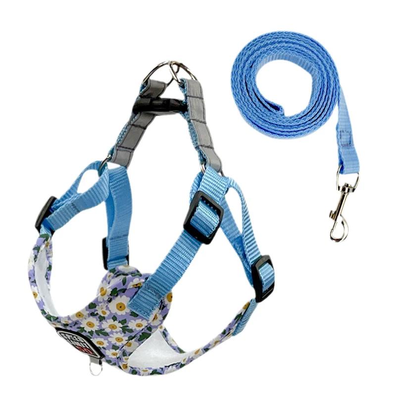 Floral Print Puppy Medium Dog Harnesses and Leash Set Reflective Pet Harness Vest for Small Dogs French Bulldog Shiba Inu Leads