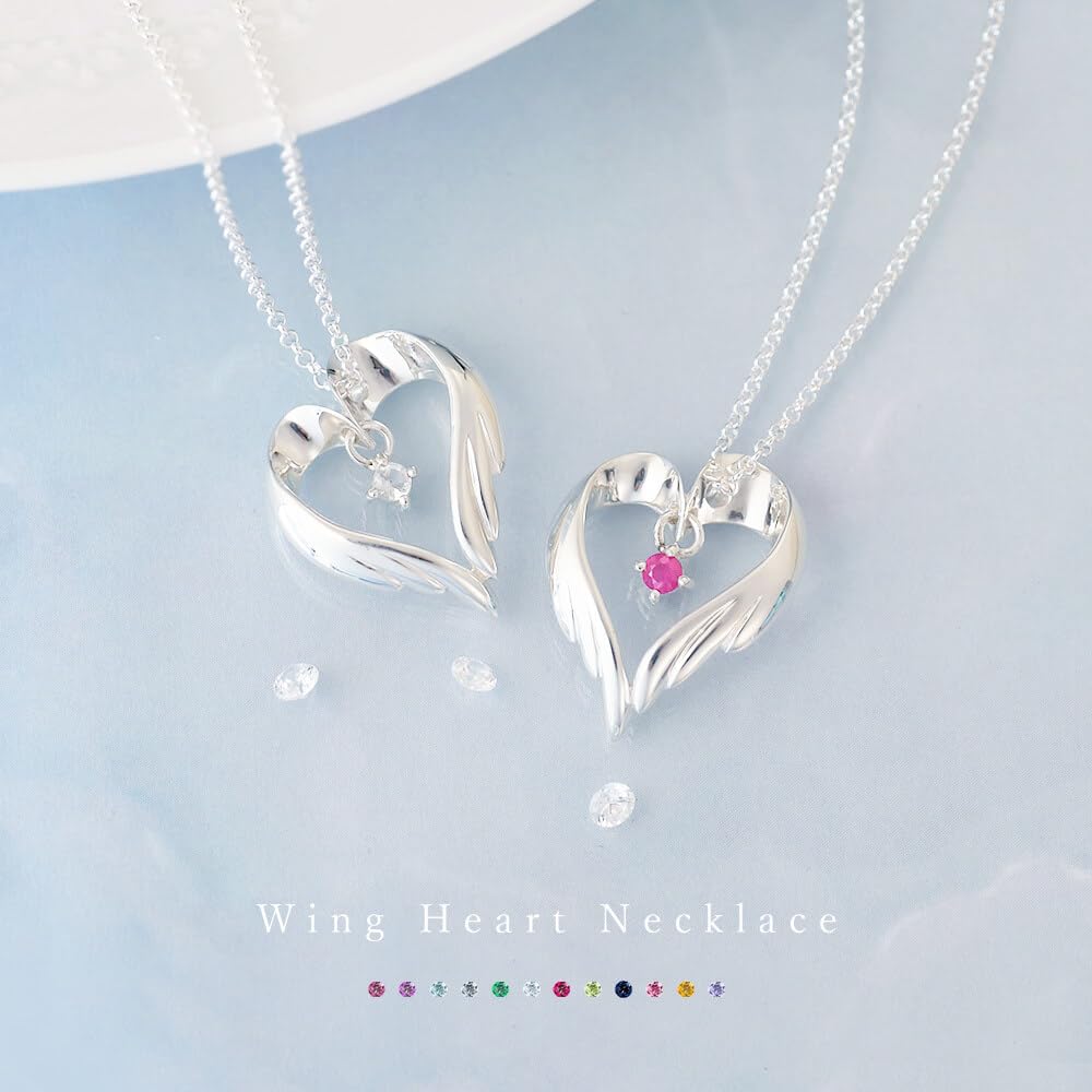 12 Birthstones To Choose from Heart Feather Silver Pendant Necklace [Future Angel] Women's (February Amethyst)