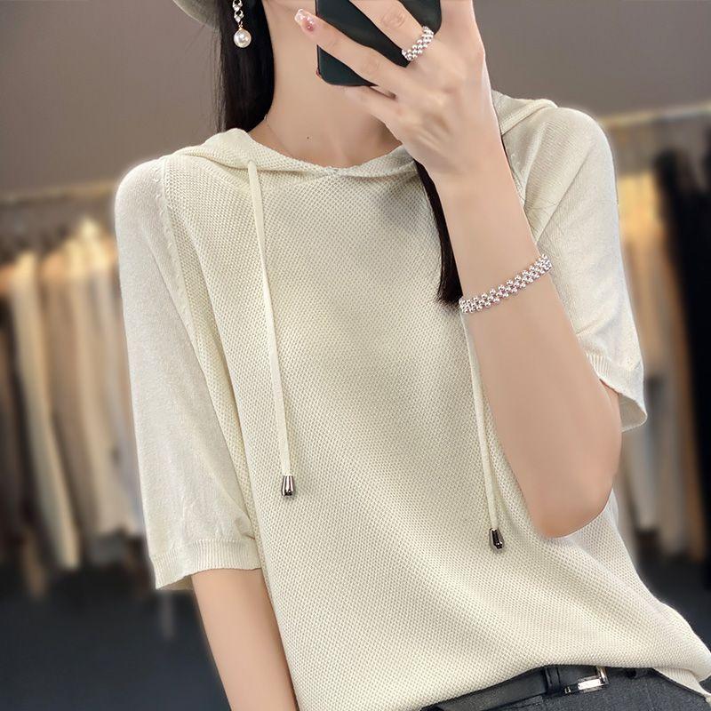 Ice Silk Hooded Short Sleeve Knitted T-Shirt Women's Hoodie Solid Color Wearing Hat Five Quarter Sleeve Thin Hoodie