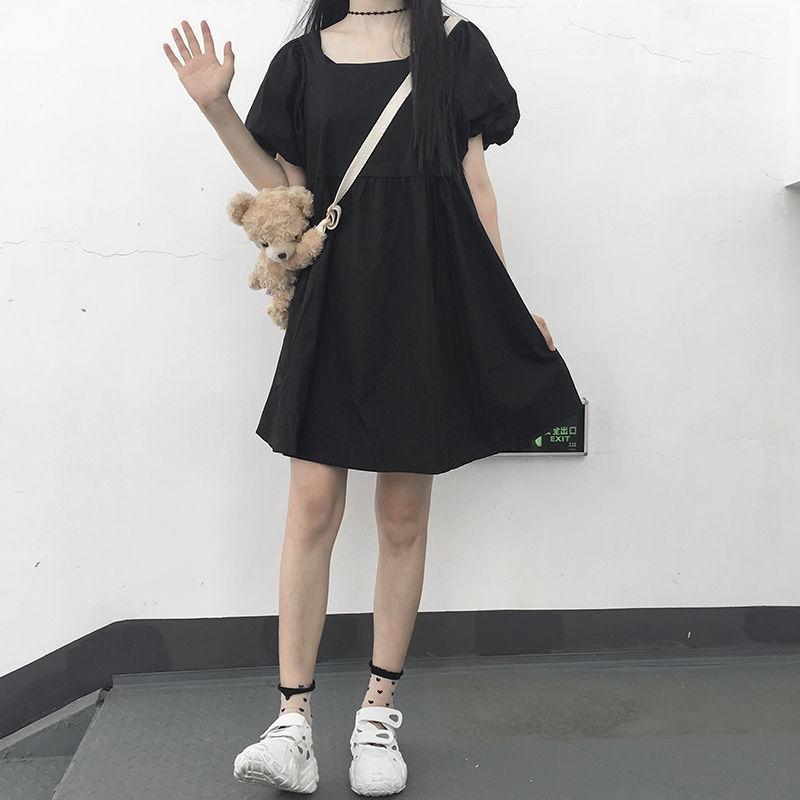 New Summer Korean Version Loose Short-sleeved Square Neck Dress Female Students Loose Internet Celebrity Foreign Style Thin Skirt