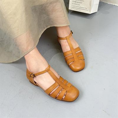 Сандалии ручной работы из натуральной кожи. Универсальная женская обувь на плоской подошве из воловьей кожи с круглым носком и пряжкой.