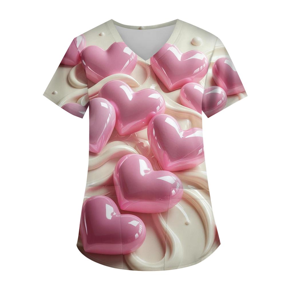 Женская модная футболка с V-образным вырезом, карманом и короткими рукавами с принтом ко Дню святого Валентина, униформа и топ для воспитателя