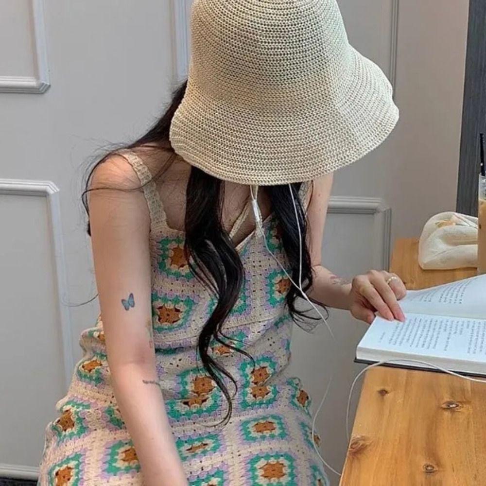 Japanese Style Wide Brim Straw Sun Hat Foldable Cute Strap Bucket Cap Breathable Sunscreen Cap For Women Female