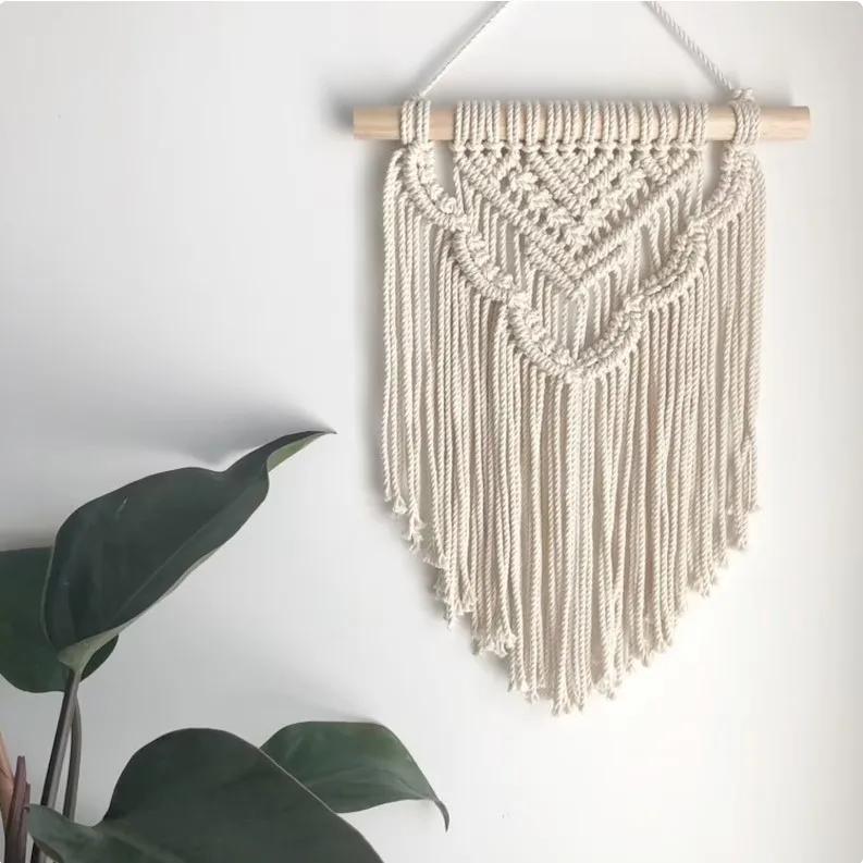 Boho Macrame Wall Hanging Hand Woven Bohemian Style Tassel Cotton Tapestries Beige Wall Decoration for Study Decoration