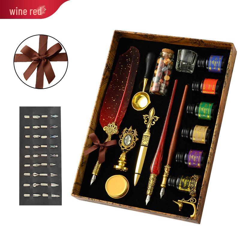 British Style Gold Splatter Feather Pen Set with Custom Logo - Ink Dipping Set, Birthday Gift