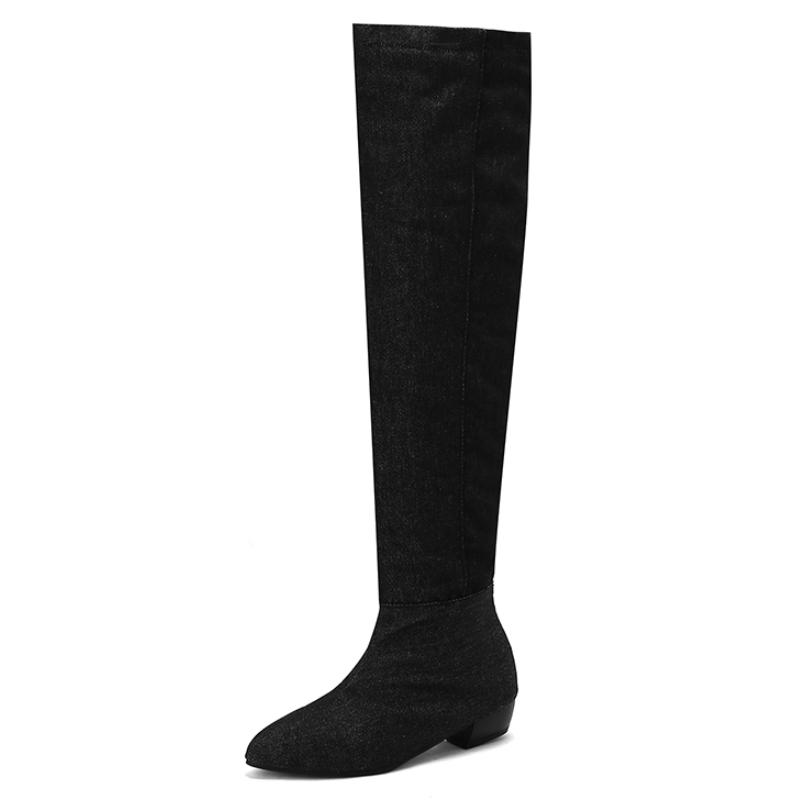 Модные женские сапоги выше колена, синие джинсы, зимняя обувь, плиссированные длинные сапоги на низком каблуке, женская обувь для вечеринок, большой размер 45 48