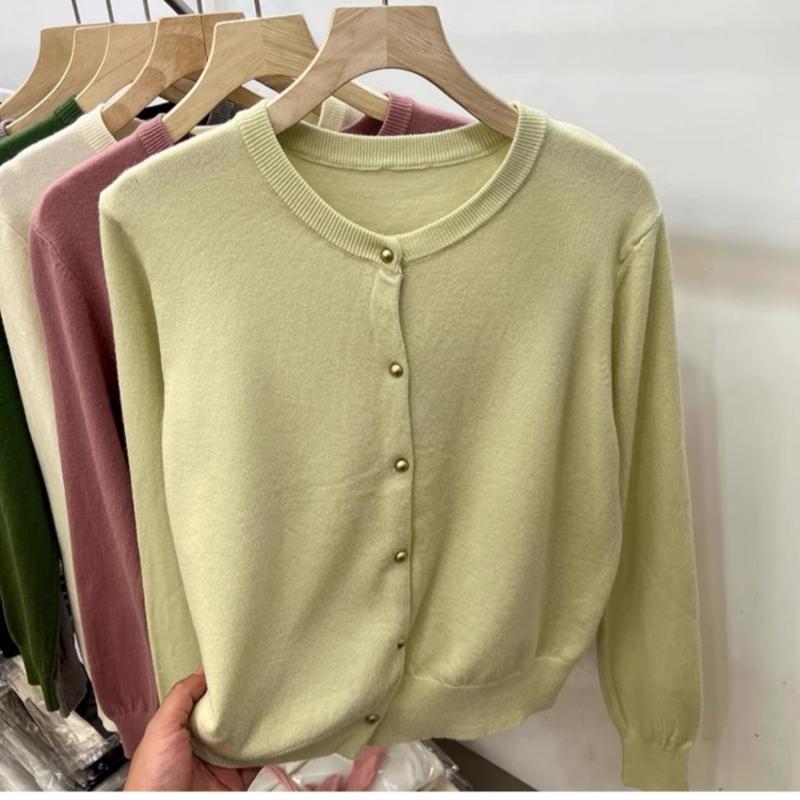 Винтажный круглый вырез свободный длинный рукав вязаный свитер кардиган женские топы осенняя мода верхняя одежда повседневные кардиганы женский однотонный трикотаж куртка 24859