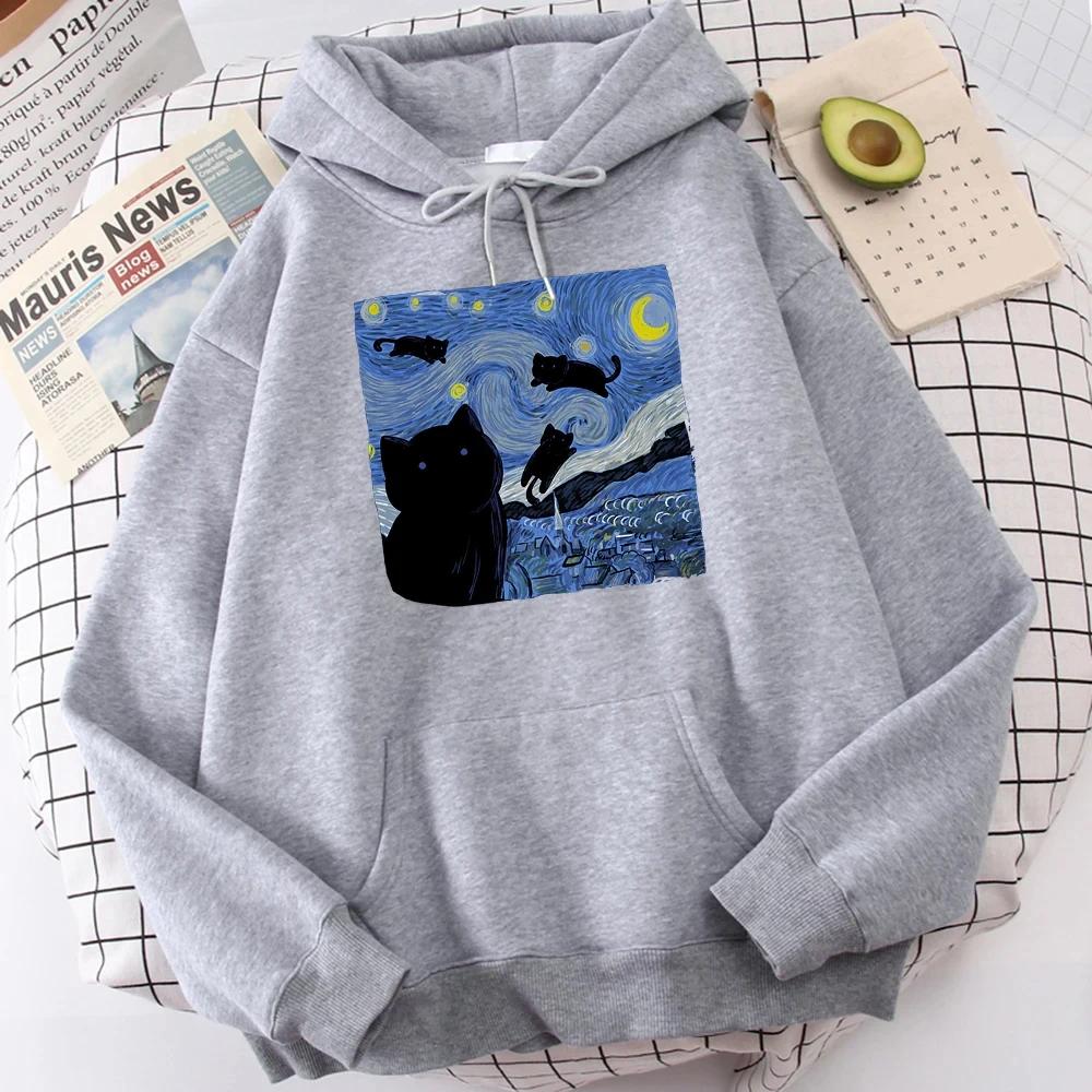 2025  The Starry Cat Night Printing Hoodies Men Autumn Oversize Hoodie Fashion Fleece Sweatshirts Casual S-Xxl Pullover Tops