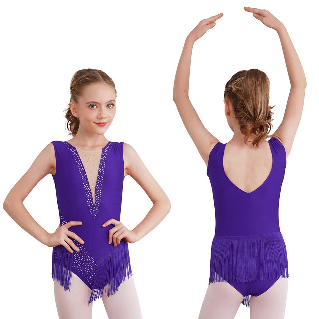 Kids Girls Shiny Figure Skating Sleeveless Leotard Rhythmic Gymnastics Fringed Bodysuit