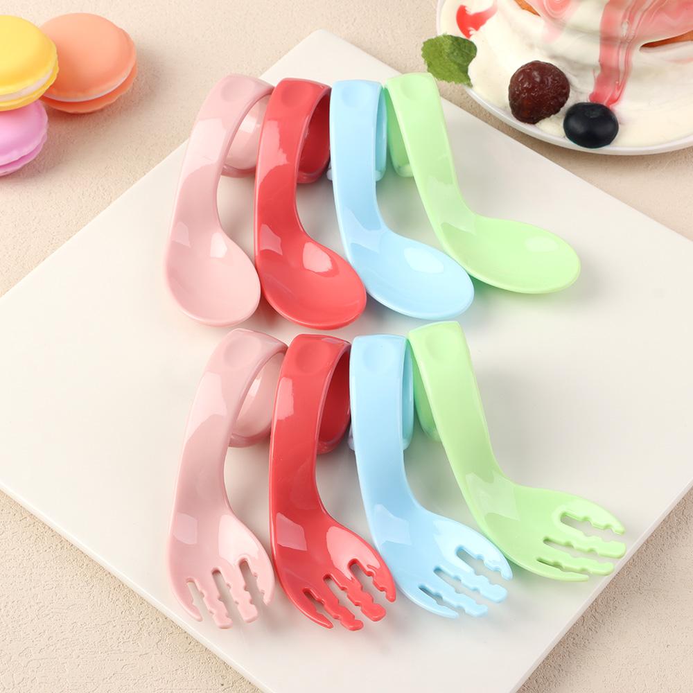 Curved Antislip Utensils Solid Color Twist Fork Spoon Suit 2Pcs/Set Infant Training Baby