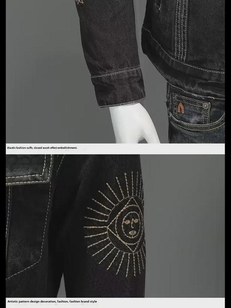 Мужская джинсовая куртка с вышивкой в стиле ретро — европейский и американский стиль, с лацканами, повседневная, свободного кроя, для уличной моды на осень/зиму.