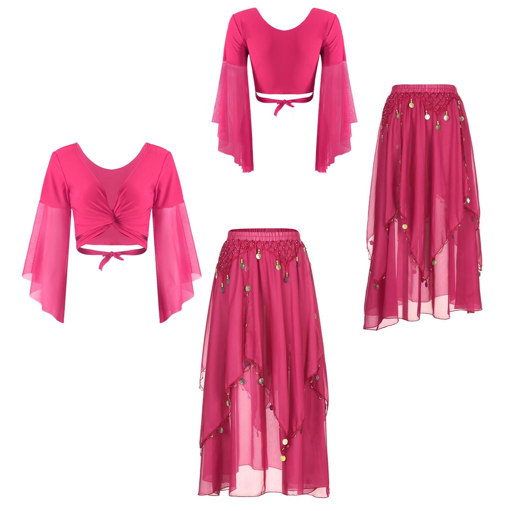 Одежда для танца живота Костюм для восточного танца Укороченный топ для танца живота и шифоновая юбка, расшитая бисером