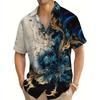 Hawaiian Style Shirt, Men's Short Sleeved Lapel, Retro Floral 3D Print, Block Color, Summer Vacation, Oversized Top