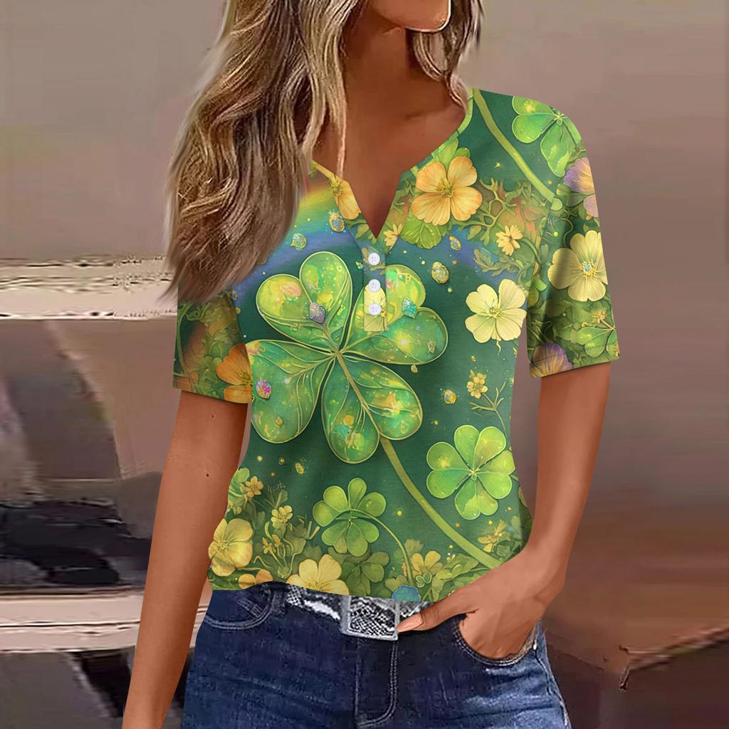 Women's T Shirt Tee Print Button Short Sleeve Daily Weekend Fashion Basic V- Neck Regular Top St. Patrick's Day