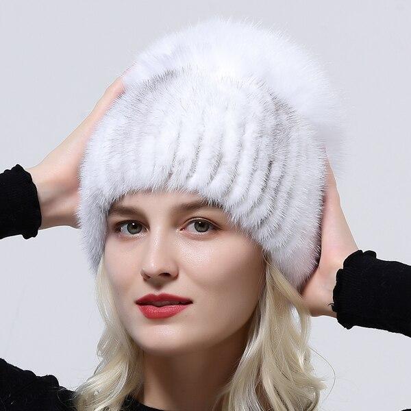 Шапка из 100% натурального натурального меха, женская уличная вязаная шапка из норки, эластичная пушистая шапка из лисьего меха, шапка-бини с помпоном, женский топ, роскошная теплая шапка