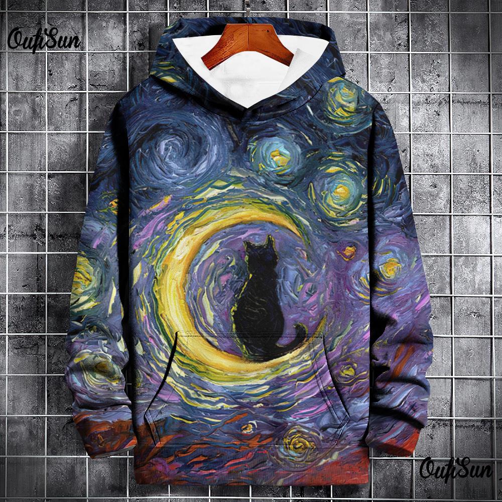 Модная мужская толстовка с капюшоном 3D Starry Sky Cat Printed Street Designer с длинными рукавами, свободный свитер большого размера, высококачественная мужская одежда