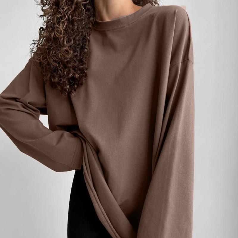 Womens Loose Fit Long Sleeve Cotton T-Shirt With Handcrafted Distressed Detail 2026 Casual Top