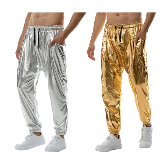 Мужские блестящие брюки с завязками на талии, джоггеры, брюки металлик для ночного клуба, вечеринки, танцевальной сцены, хип-хопа