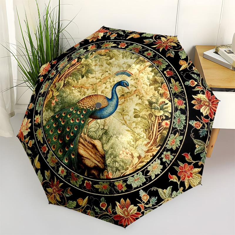 Peacock, FloralThemed Automatic Opening and Closing umbrella 8 Ribs, Suitable for Leisure and Going Out, Outdoor Accessory, Gothic Style,