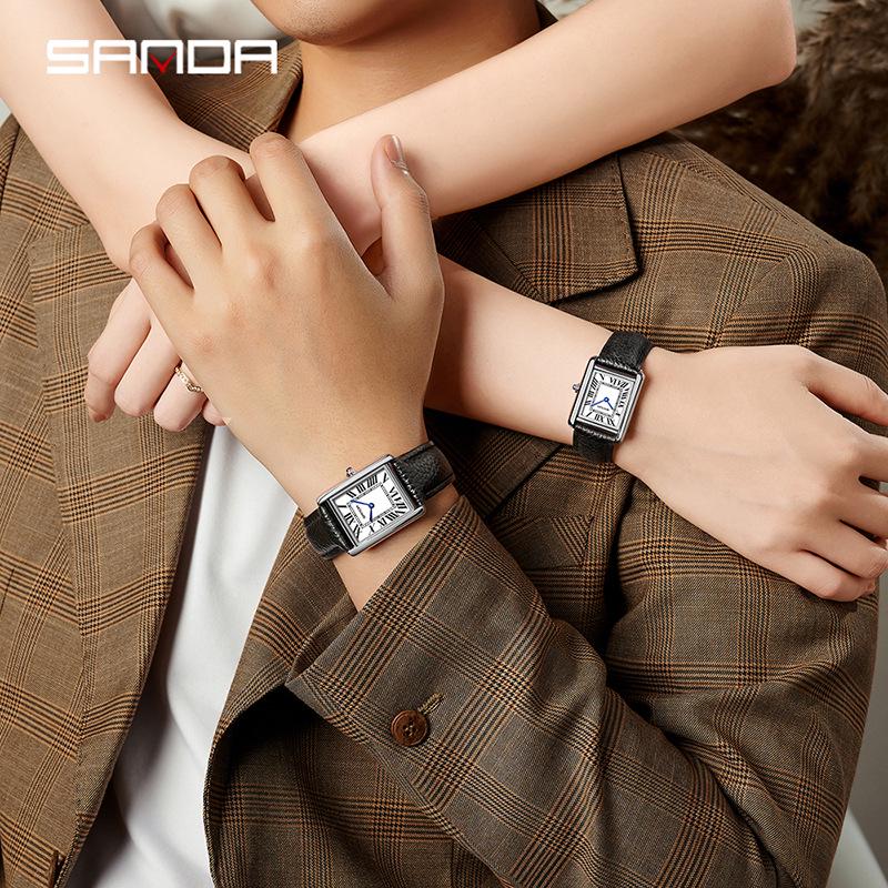 Женские кварцевые часы Sanda, маленький циферблат, римские цифры, модные водонепроницаемые прямоугольные, парный дизайн.