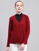 Womens Solid Maroon V Neck Full Sleeve Cardigan