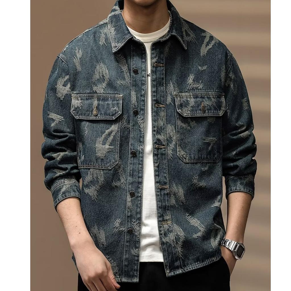 Premium Retro Printed Denim Shirt Men'S Tooling Jacket Loose Casual Trendy Shirt Jacket