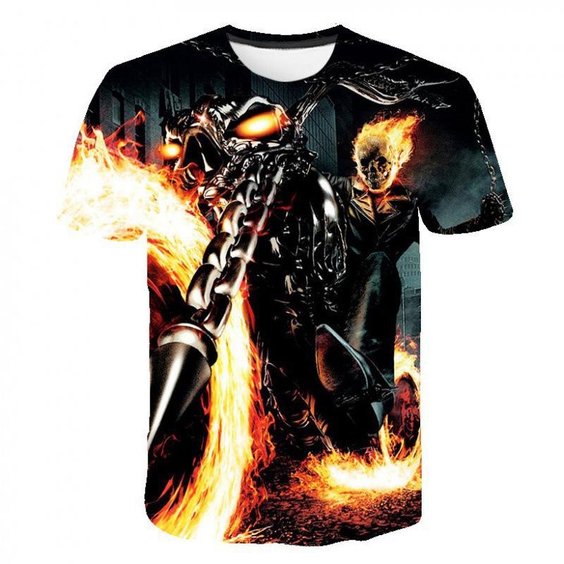 Evil Knight Skull Printed Short Sleeved T-shirt with Flame Pattern Skull Personalized Clothes for Men