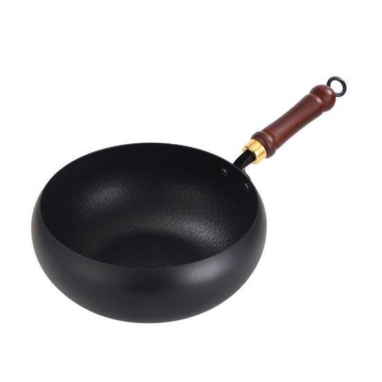 Traditional Forged Iron Wok with Wooden Lid Non-Stick Uncoated Iron Pan Japanese Cookware for Gas Induction & Electric Stoves