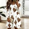 Women Plus Size Long Sleeve Scallop Neck Leopard Pear Printed White Dress