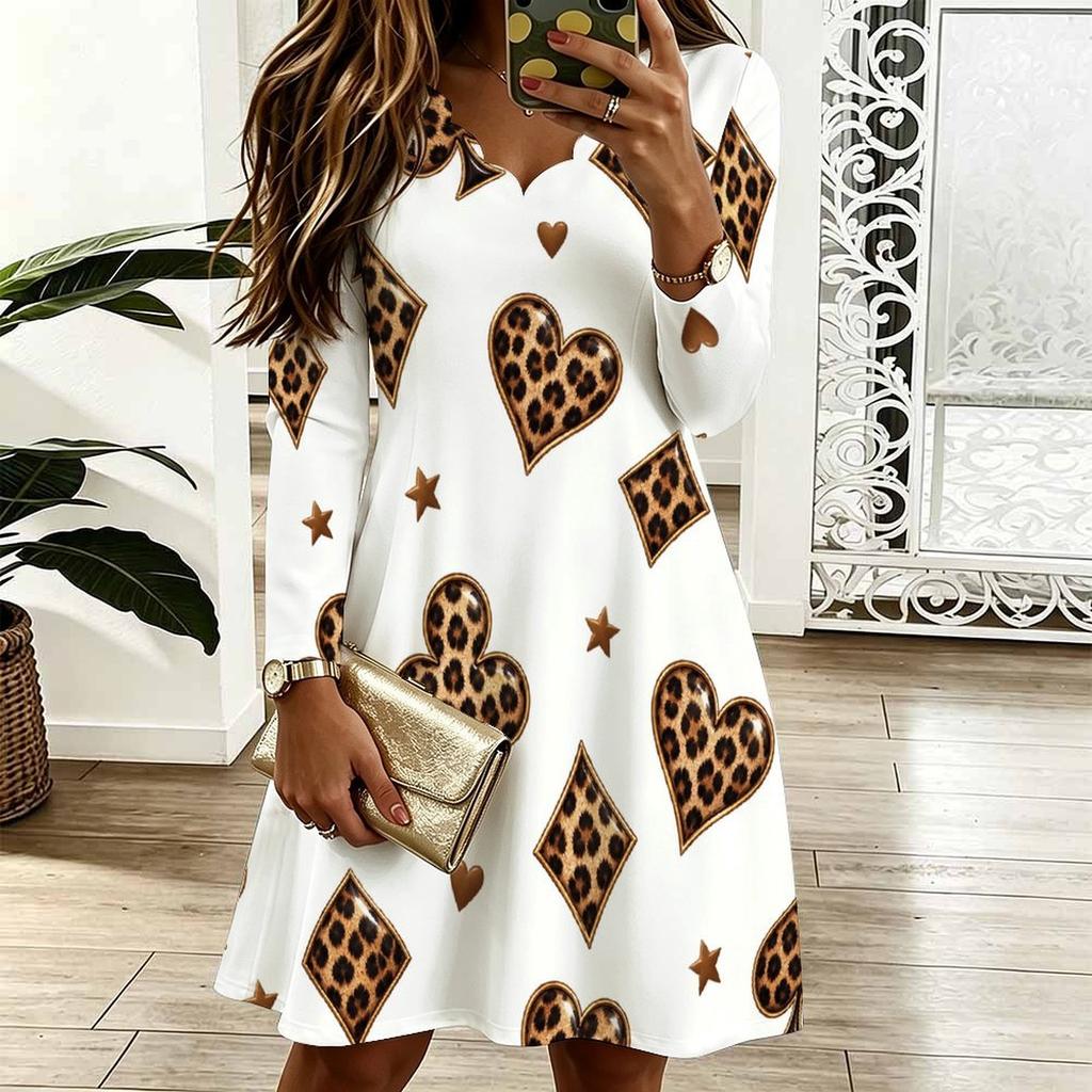 Women Plus Size Long Sleeve Scallop Neck Leopard Pear Printed White Dress